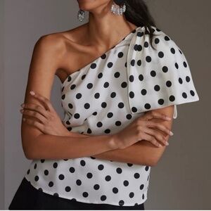 Sachin & Babi for Anthropologie One Shoulder Polka Dot Blouse with Bow Size L